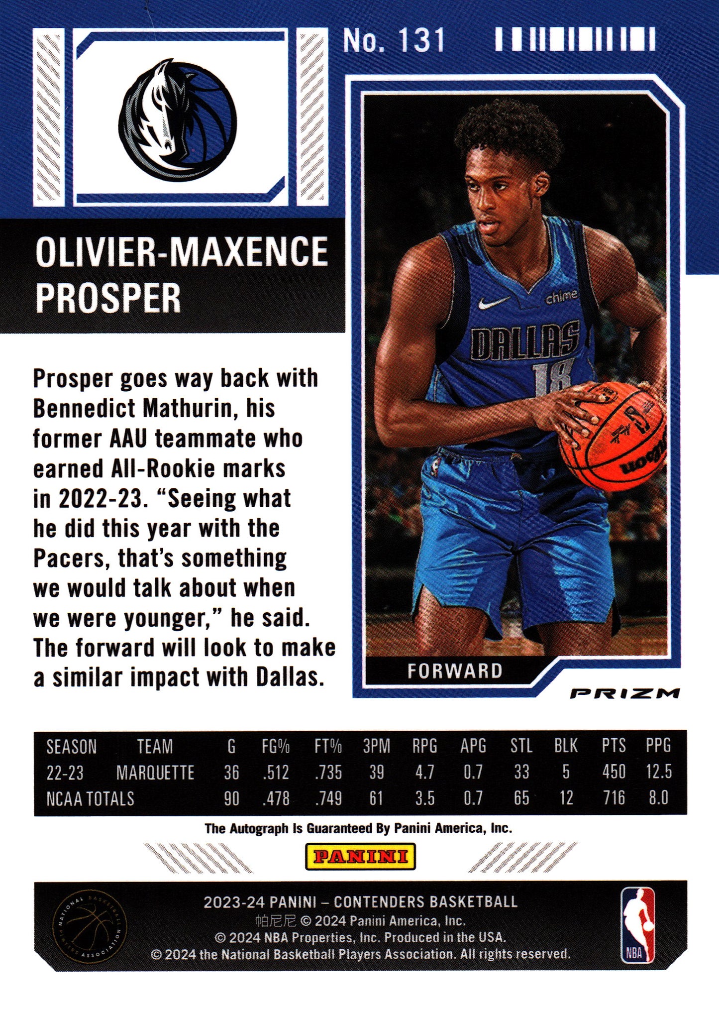 2023 Panini Contenders Optic RC Olivier-Maxence Prosper Autograph #131 Dallas Mavericks
