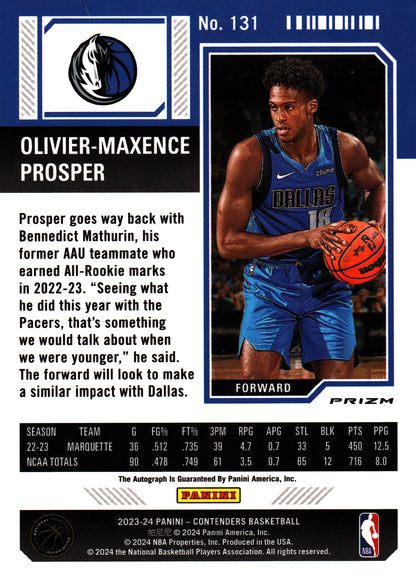2023 Panini Contenders Optic RC Olivier-Maxence Prosper Autograph #131 Dallas Mavericks