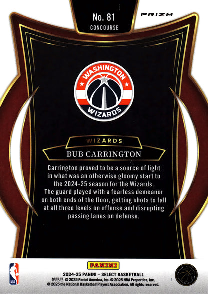 2024 Panini Select NBA Blue Prizm Concourse Bub Carrington RC #81 Washington Wizards