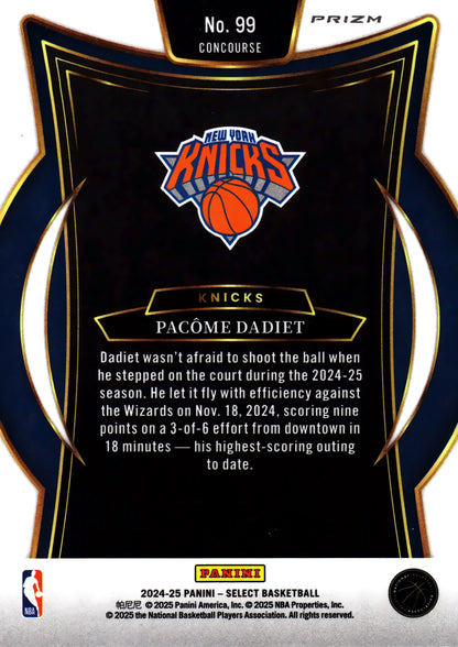 2024 Panini Select NBA Blue Prizm Concourse Pacome Dadiet RC #99 New York Knicks