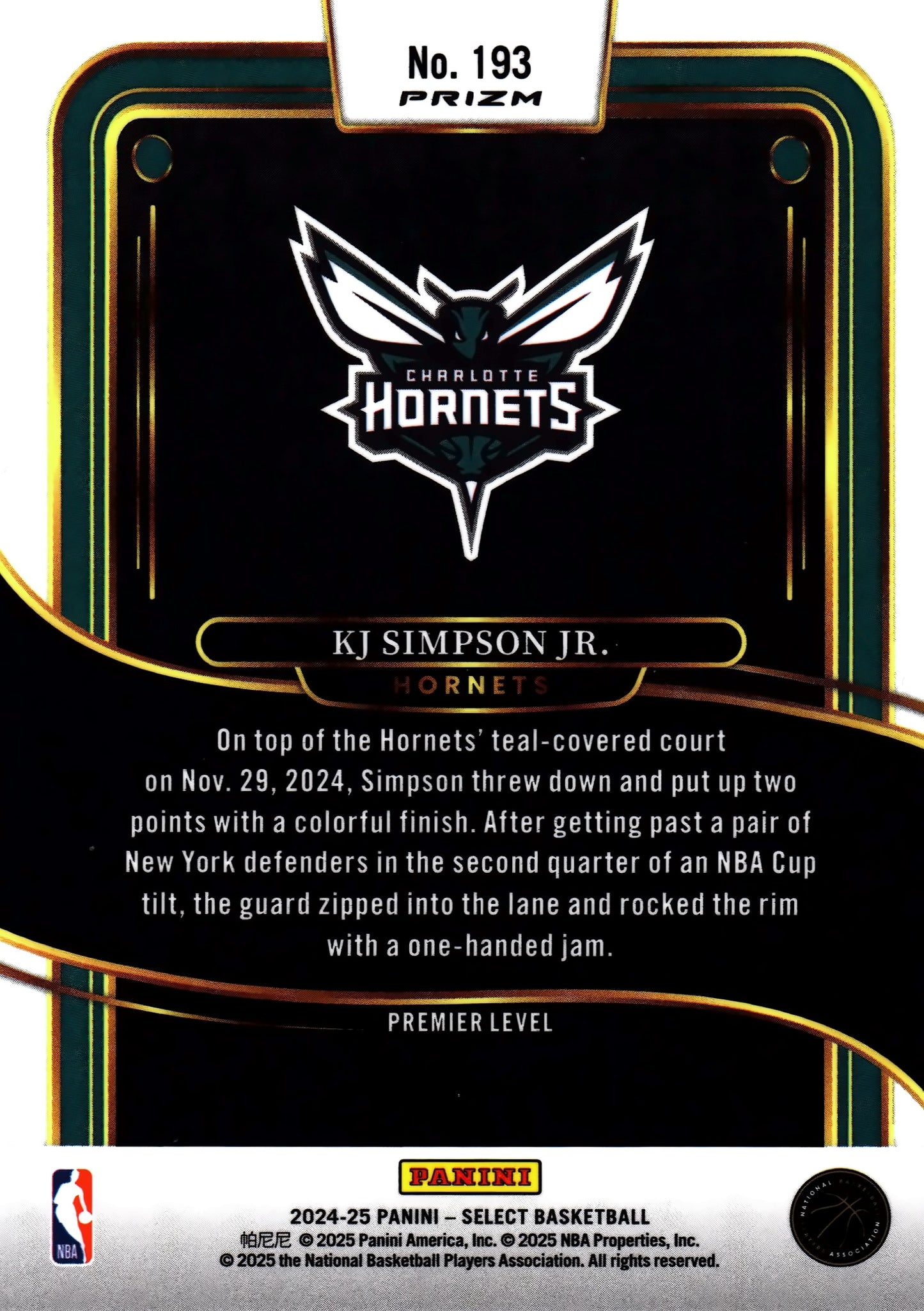 2024 Panini Select NBA Blue Prizm Premier KJ Simpson Jr. RC #193 Charlotte Hornets