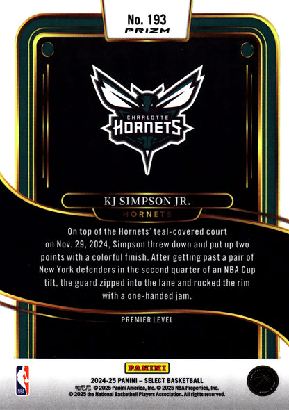 2024 Panini Select NBA Blue Prizm Premier KJ Simpson Jr. RC #193 Charlotte Hornets