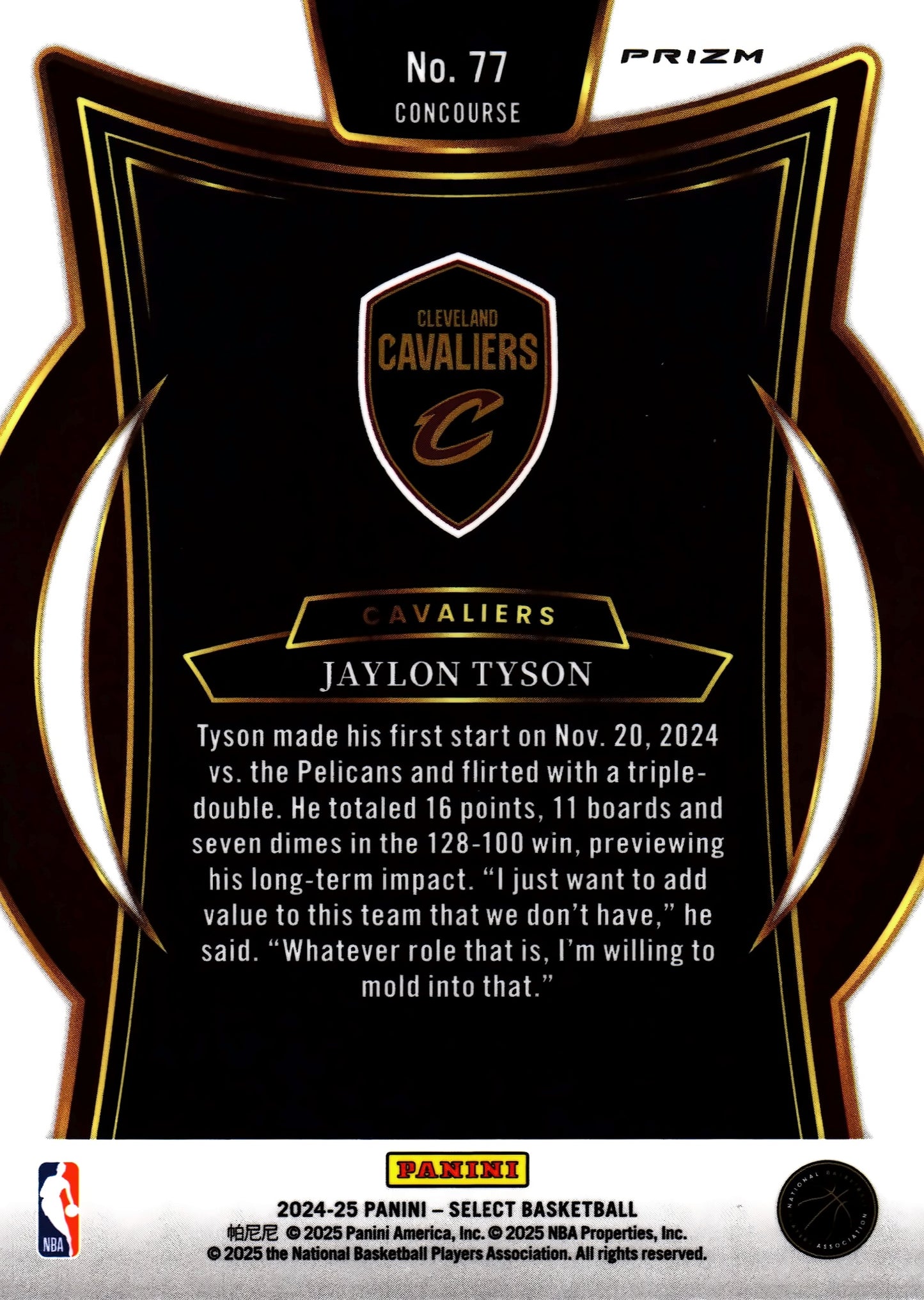 2024 Panini Select NBA Prizm Jaylon Tyson RC #77 Cleveland Cavaliers