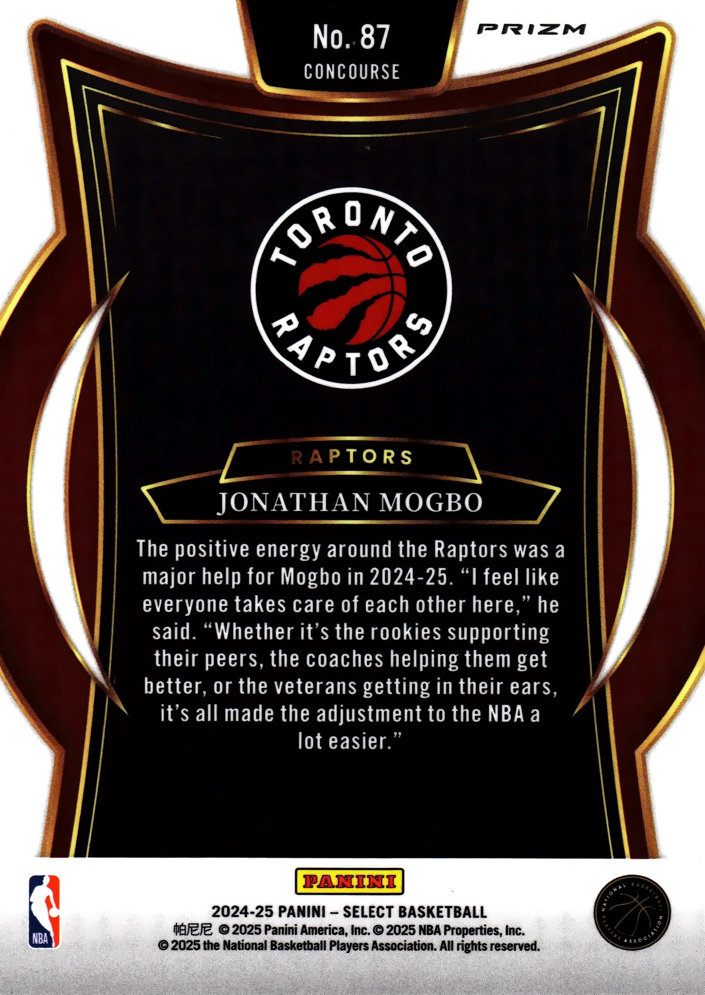 2024 Panini Select NBA Prizm Jonathan Mogbo RC #87 Toronto Raptors