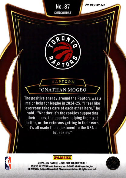 2024 Panini Select NBA Prizm Jonathan Mogbo RC #87 Toronto Raptors
