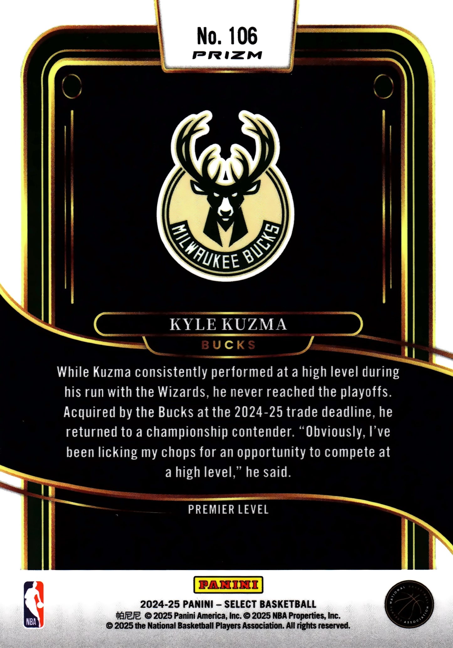 2024 Panini Select NBA Green White Purple Prizm Premier Kyle Kuzma #106 Milwaukee Bucks