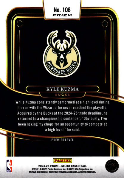 2024 Panini Select NBA Green White Purple Prizm Premier Kyle Kuzma #106 Milwaukee Bucks