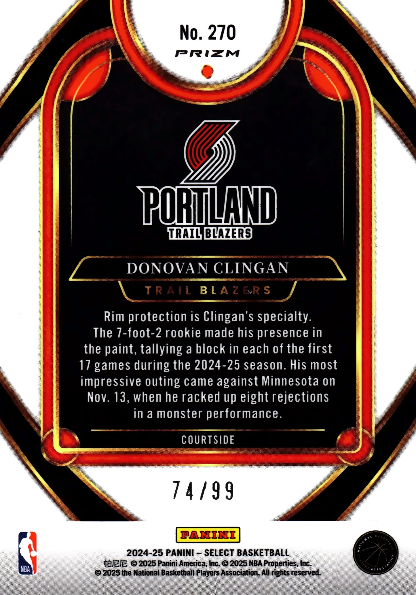 2024 Panini Select NBA Purple Cracked Ice /99 Donovan Clingan RC #270 Portland Trail Blazers