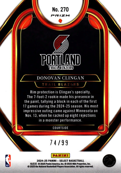 2024 Panini Select NBA Purple Cracked Ice /99 Donovan Clingan RC #270 Portland Trail Blazers