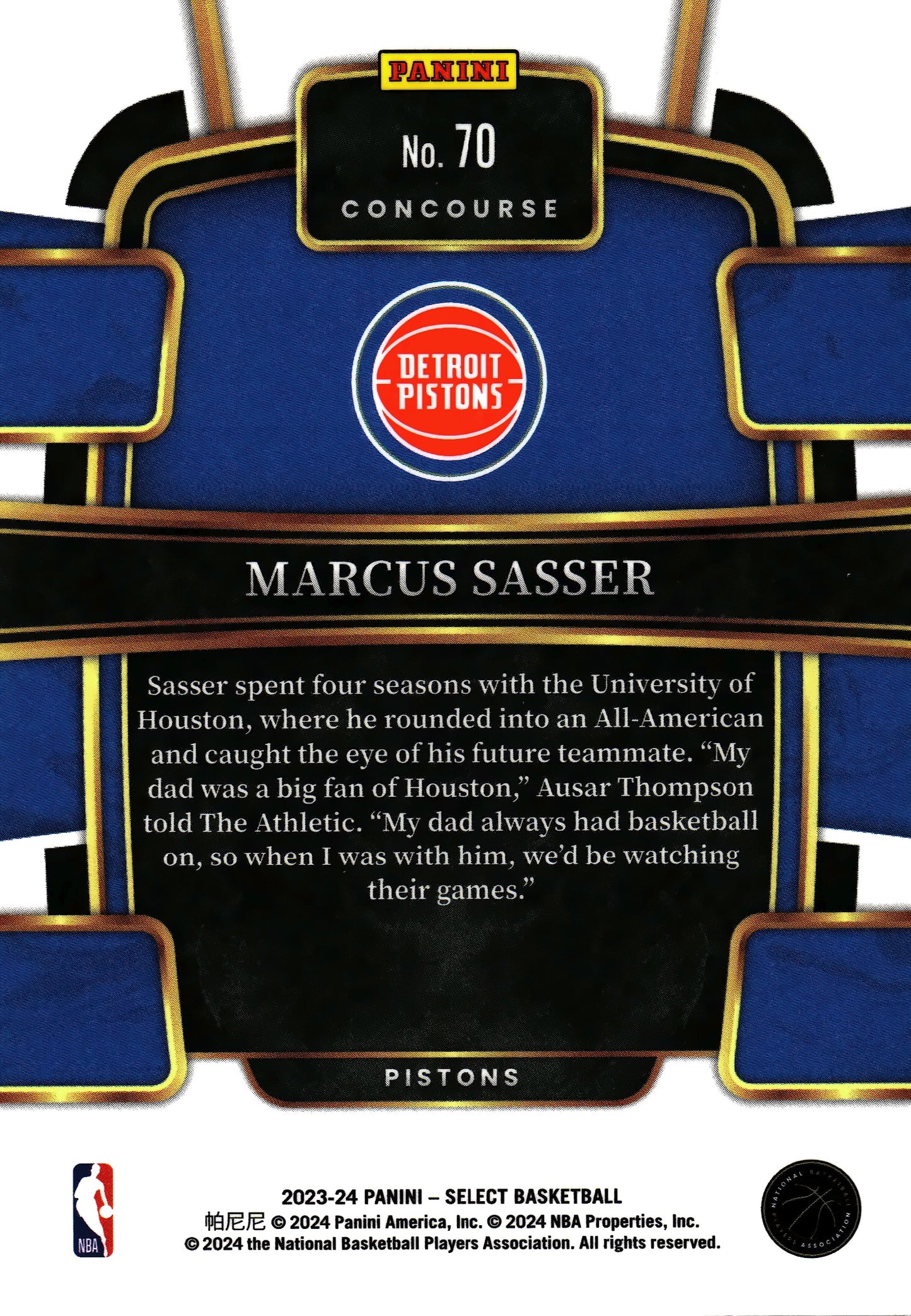 2023 Panini Select NBA Blue Marcus Sasser RC #70 Detroit Pistons