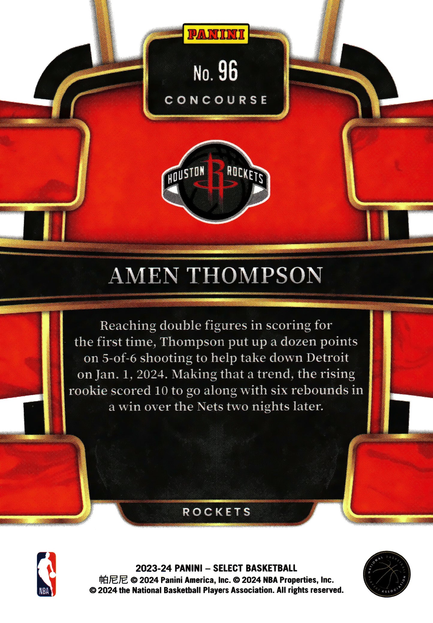 2023 Panini Select NBA Blue Amen Thompson RC #96 Houston Rockets