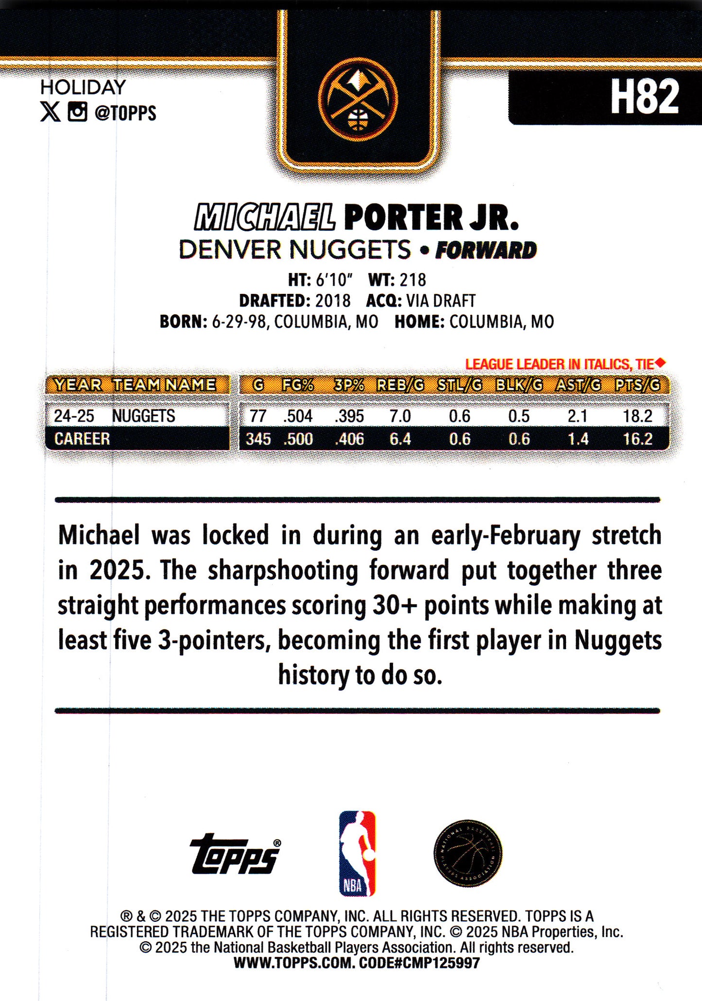 2025 Topps Holiday Glitter Michael Porter Jr. #H82 Denver Nuggets