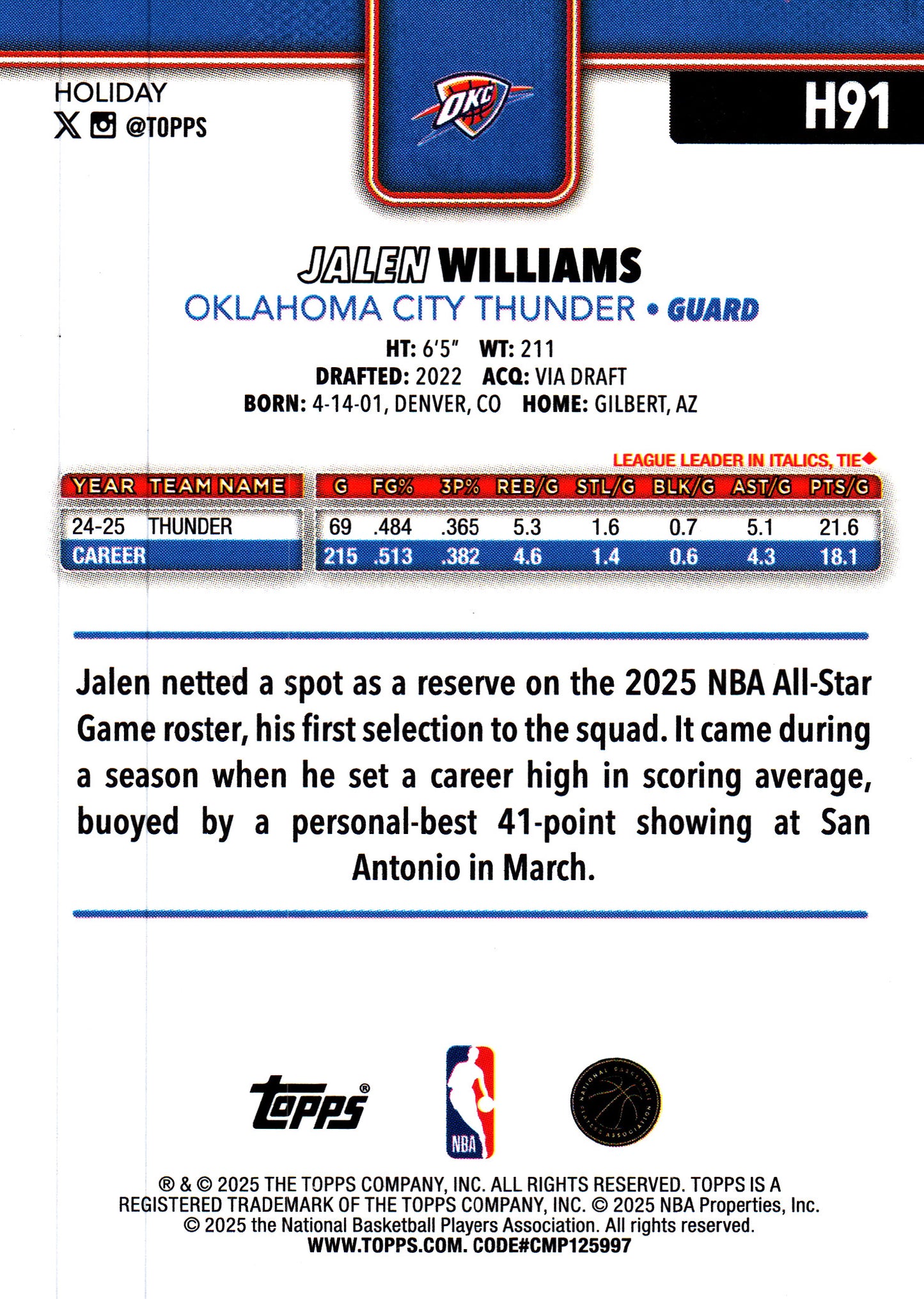 2025 Topps Holiday Glitter Jalen Williams #H91 Oklahoma City Thunder