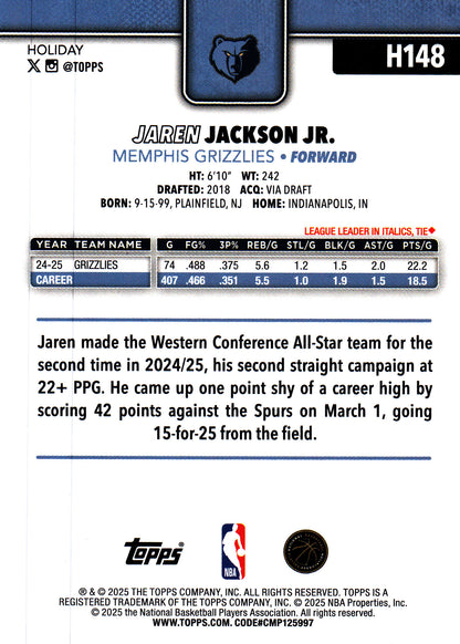 2025 Topps Holiday Glitter Jaren Jackson Jr. #H148 Memphis Grizzlies