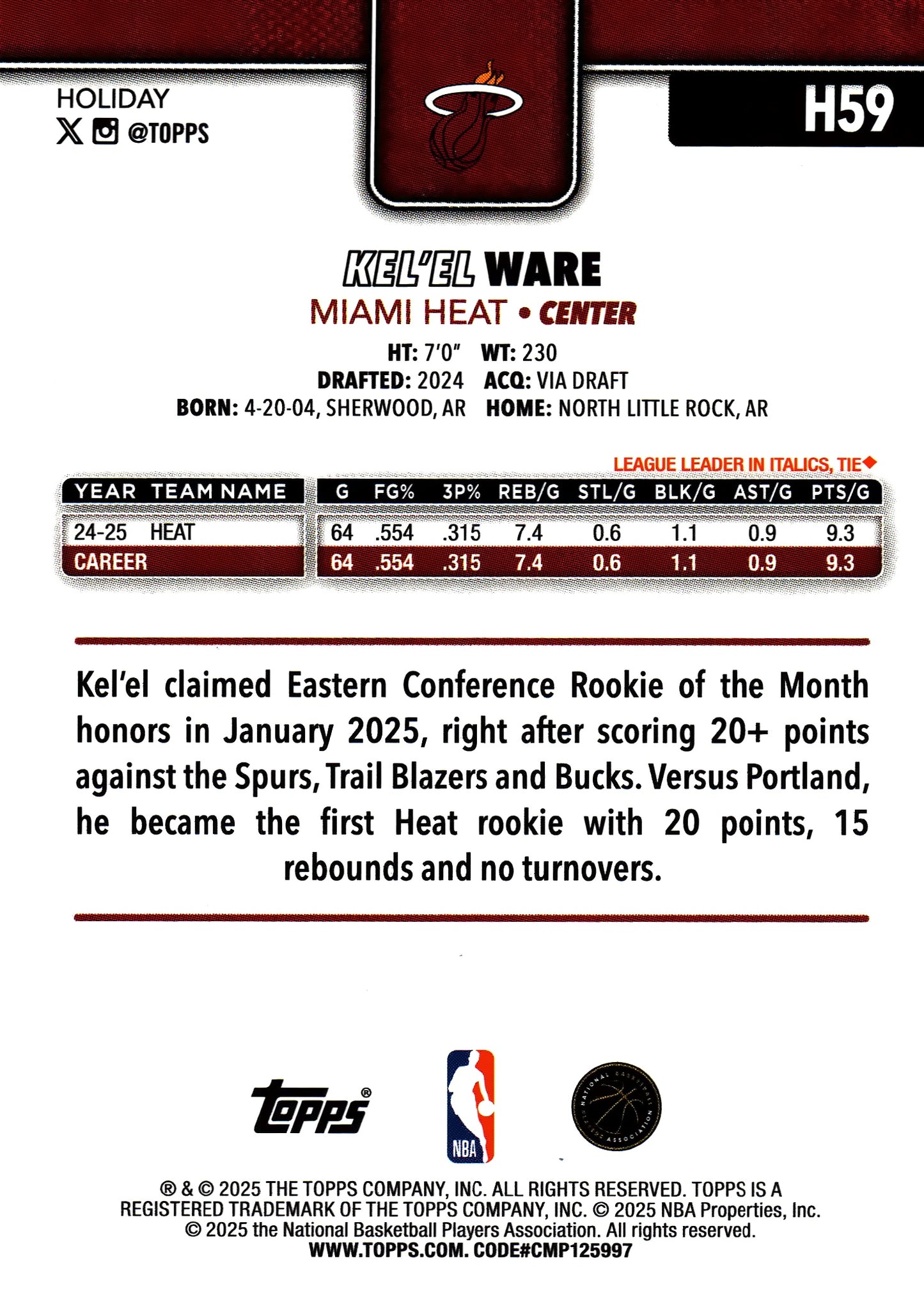 2025 Topps Holiday Light Blue and White Glitter Kel'el Ware #H59 Miami Heat