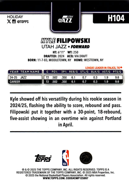 2025 Topps Holiday Light Blue and White Glitter Kyle Filipowski #H104 Utah Jazz