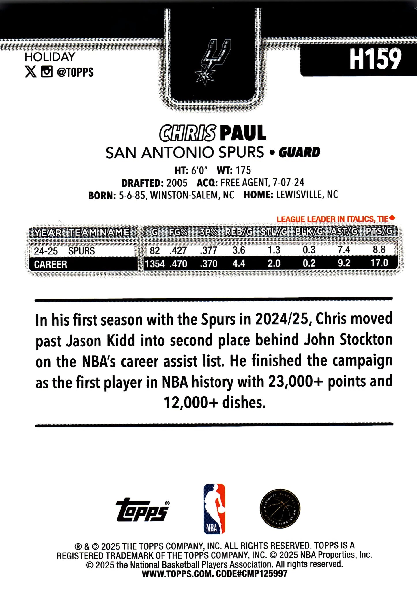 2025 Topps Holiday Light Blue and White Glitter Chris Paul #H159 San Antonio Spurs