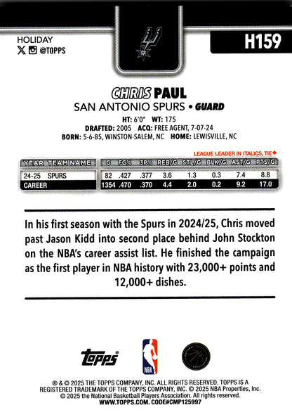 2025 Topps Holiday Light Blue and White Glitter Chris Paul #H159 San Antonio Spurs