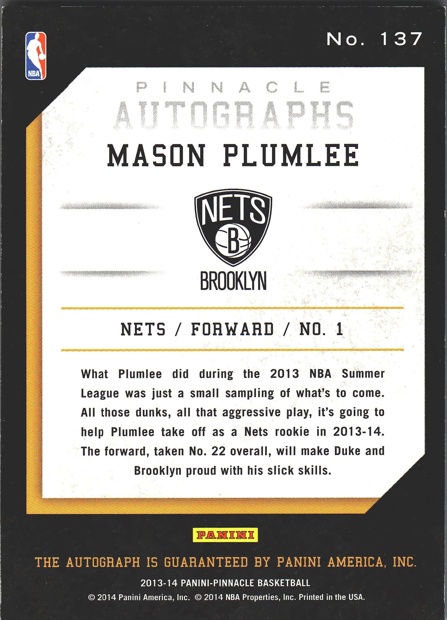 2013 Panini Pinnacle Autograph Mason Plumlee RC #137 Brooklyn Nets