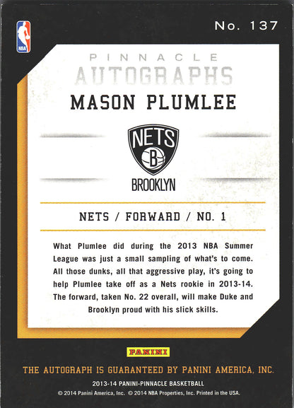2013 Panini Pinnacle Autograph Mason Plumlee RC #137 Brooklyn Nets