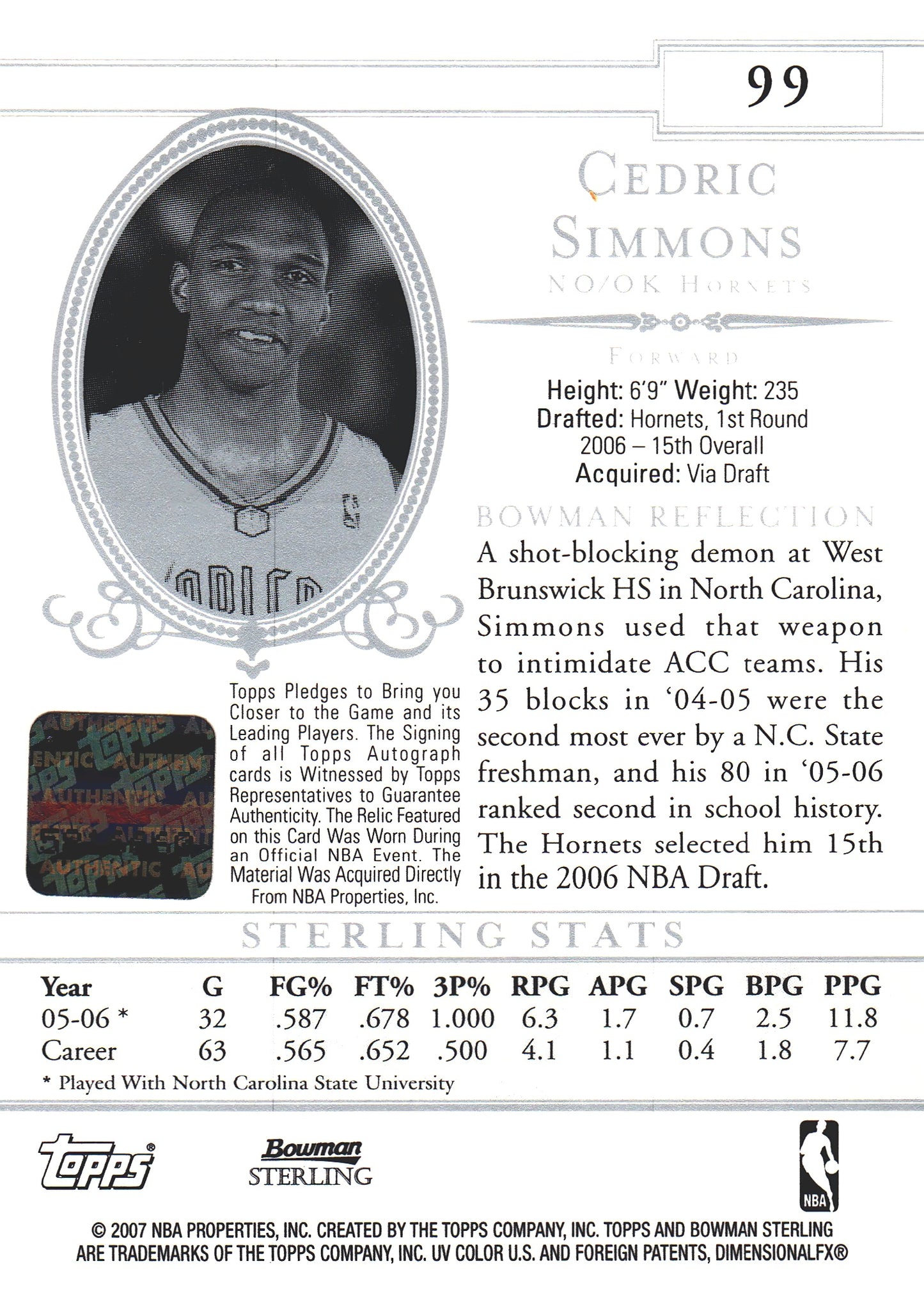 2007 Bowman Sterling Patch Autograph Cedric Simmons #99 Oklahoma City Hornets