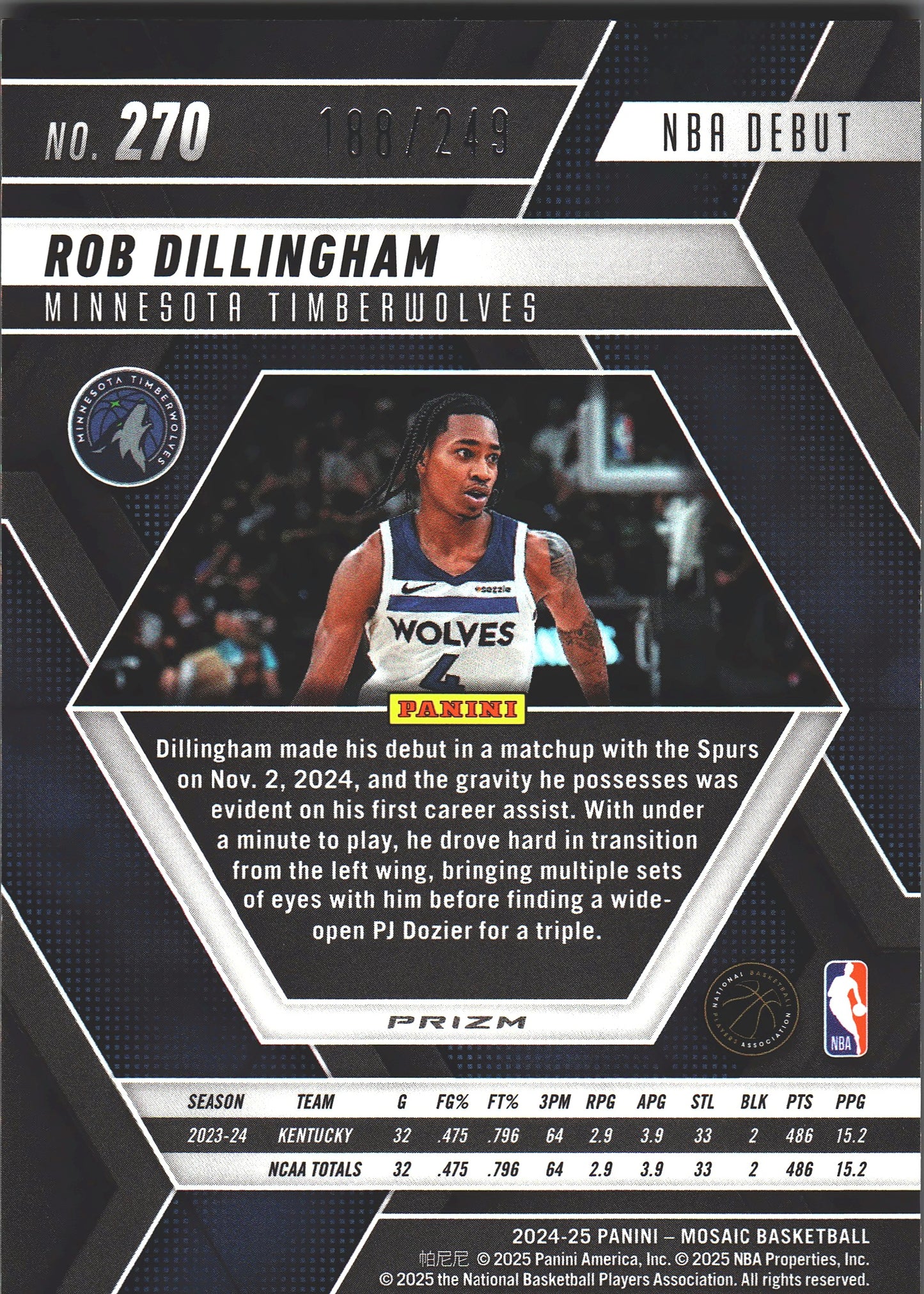 2024 Panini Mosaic Orange /249 Rob Dillingham RC #270 Minnesota Timberwolves