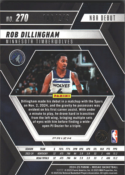2024 Panini Mosaic Orange /249 Rob Dillingham RC #270 Minnesota Timberwolves