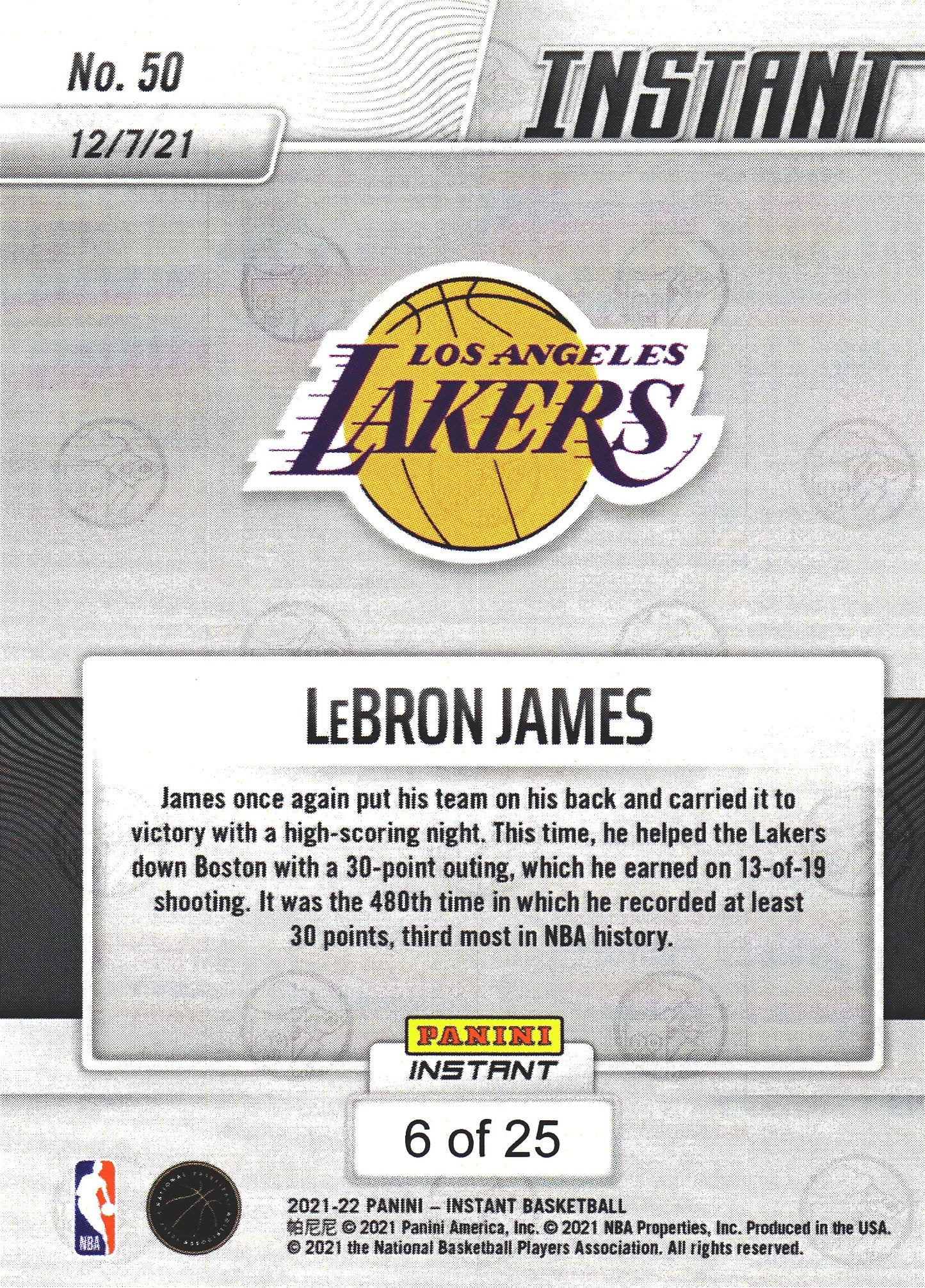2021 Panini Instant Number Match /25 LeBron James #50 Los Angeles Lakers
