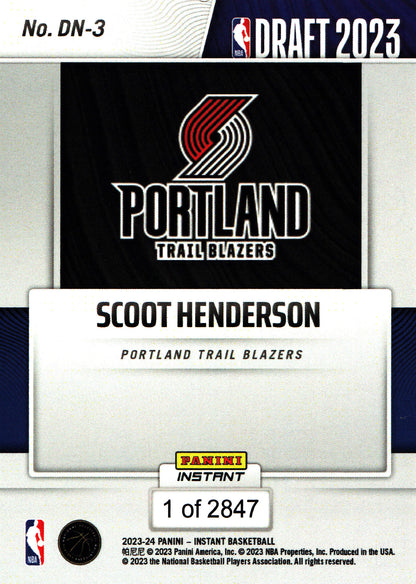 2023 Panini Instant Scoot Henderson RC PR 2847 #DN-3 Portland Trail Blazers