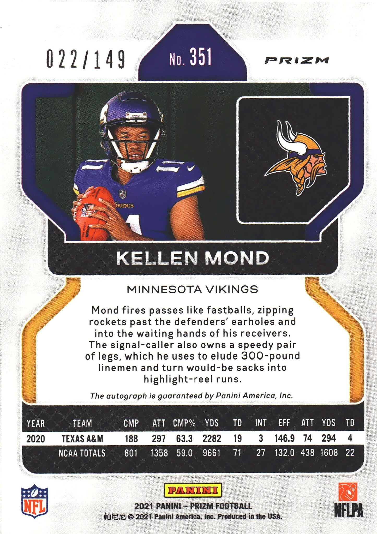 2021 Panini Prizm Red Wave Autograph RC /149 Kellen Mond #351 Minnesota Vikings