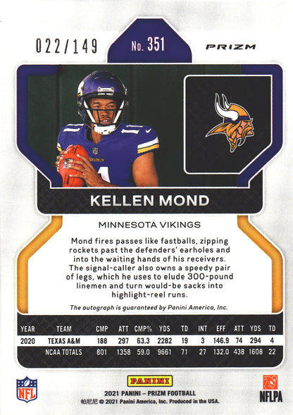 2021 Panini Prizm Red Wave Autograph RC /149 Kellen Mond #351 Minnesota Vikings