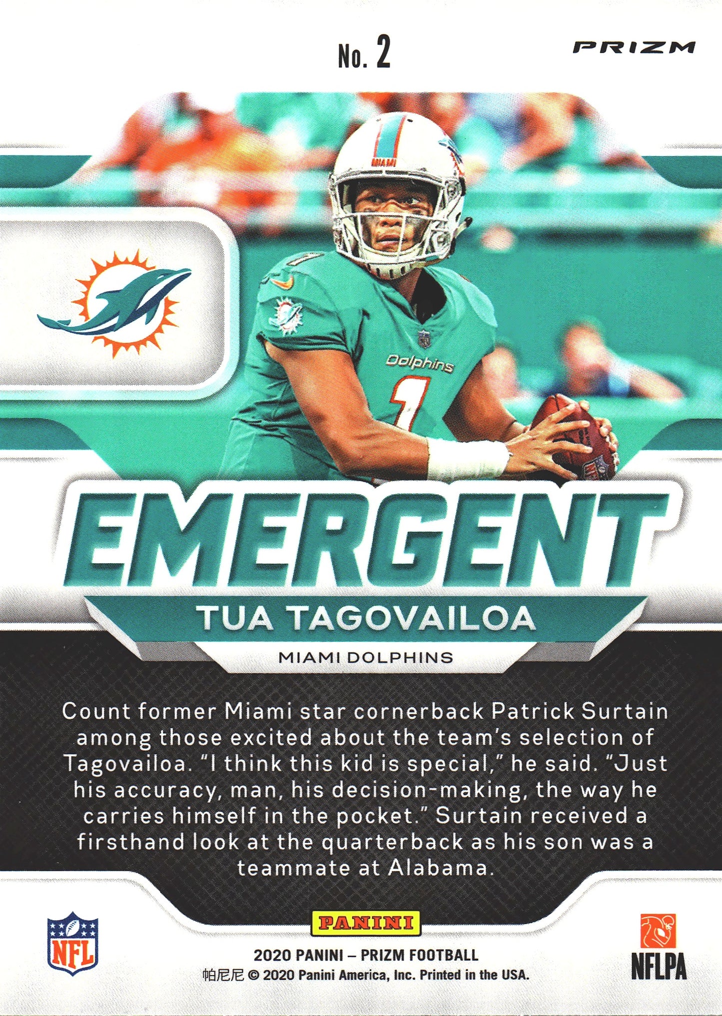 2020 Panini Prizm Green Emergent Tua Tagovailoa RC #2 Miami Dolphins