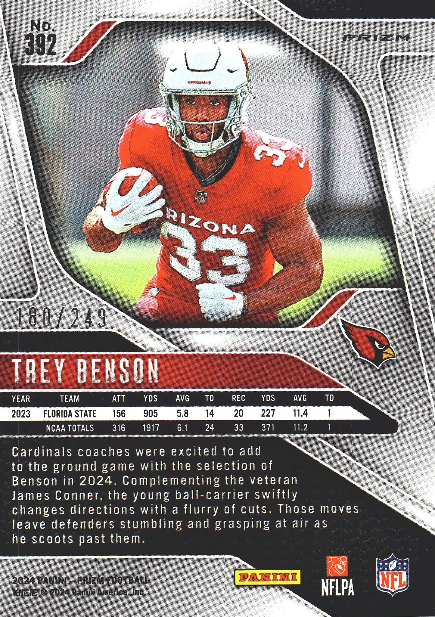 2024 Panini Prizm Orange /249 Trey Benson RC #392 Arizona Cardinals