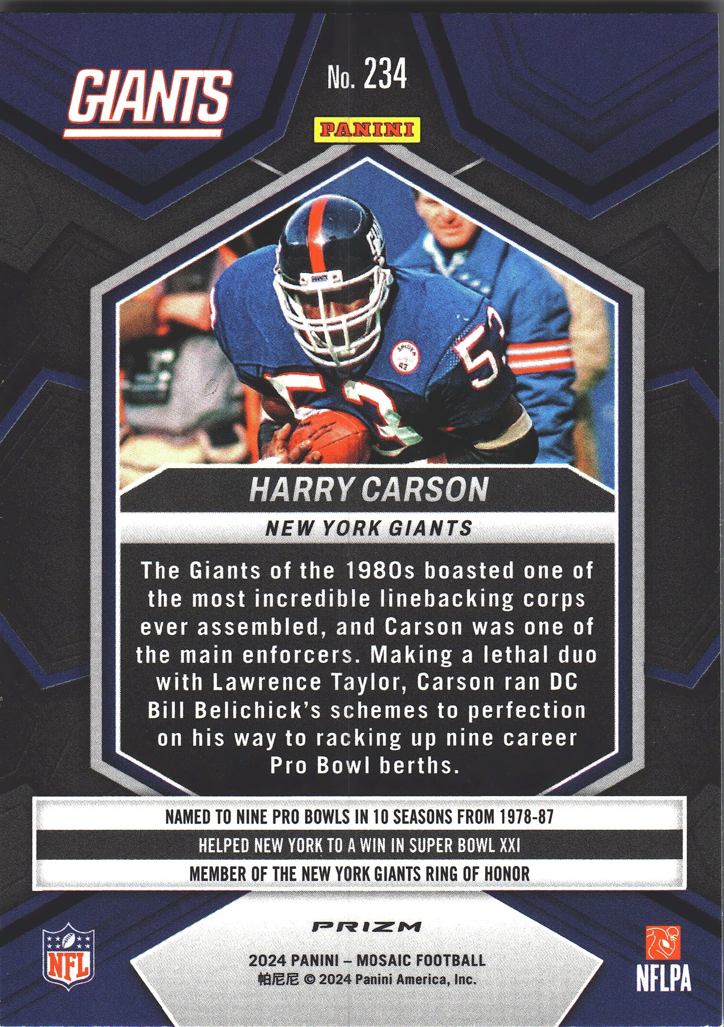 2024 Panini Mosaic SP Honeycomb Harry Carson #24 New York Giants