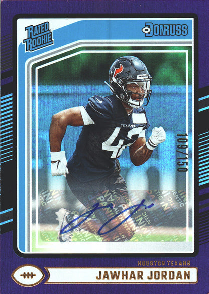 2024 Panini Donruss Purple Autograph /150 RC Rated Rookie Jawhar Jordan #390 Houston Texans