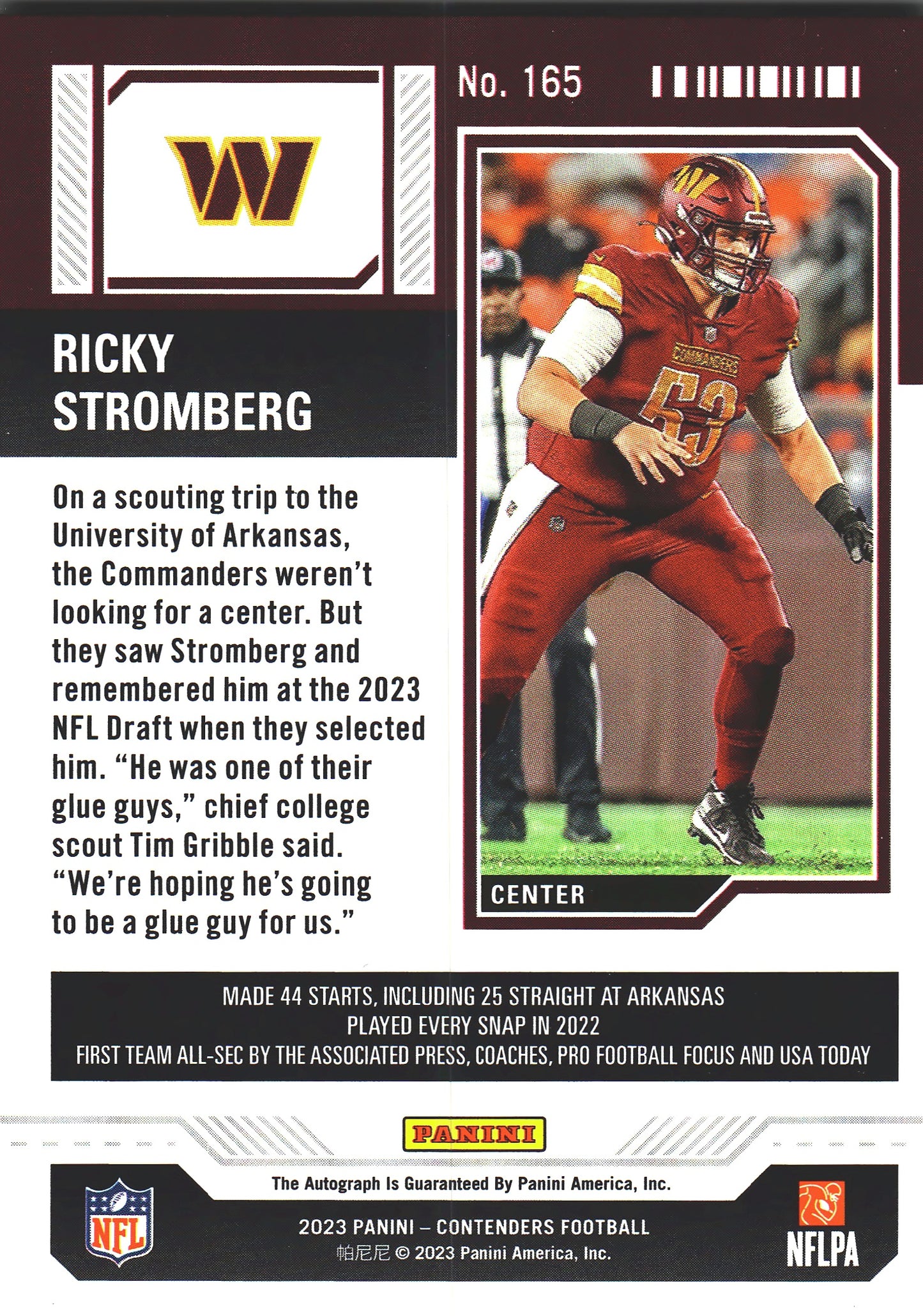 2023 Panini Contenders Green Laser Autograph Ricky Stromberg RC #165 Washington Commanders