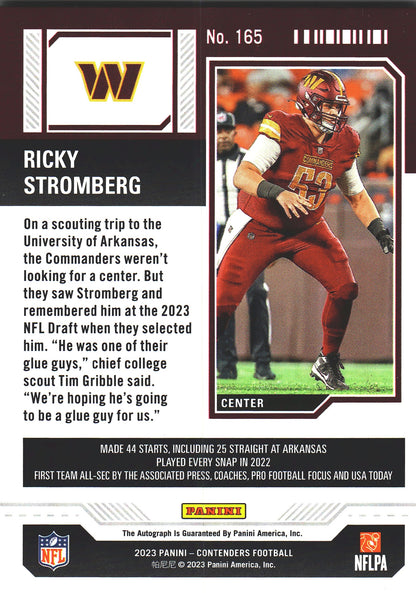 2023 Panini Contenders Green Laser Autograph Ricky Stromberg RC #165 Washington Commanders