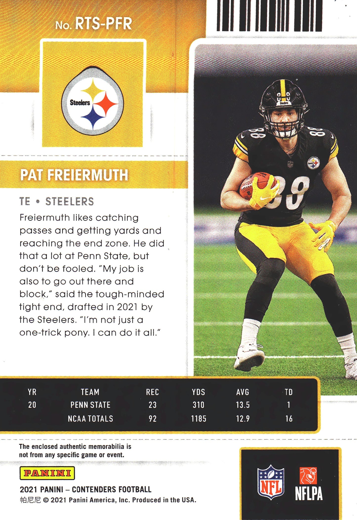 2021 Panini Contenders Patch Green RC Pat Freiermuth #RTS-PFR Pittsburgh Steelers