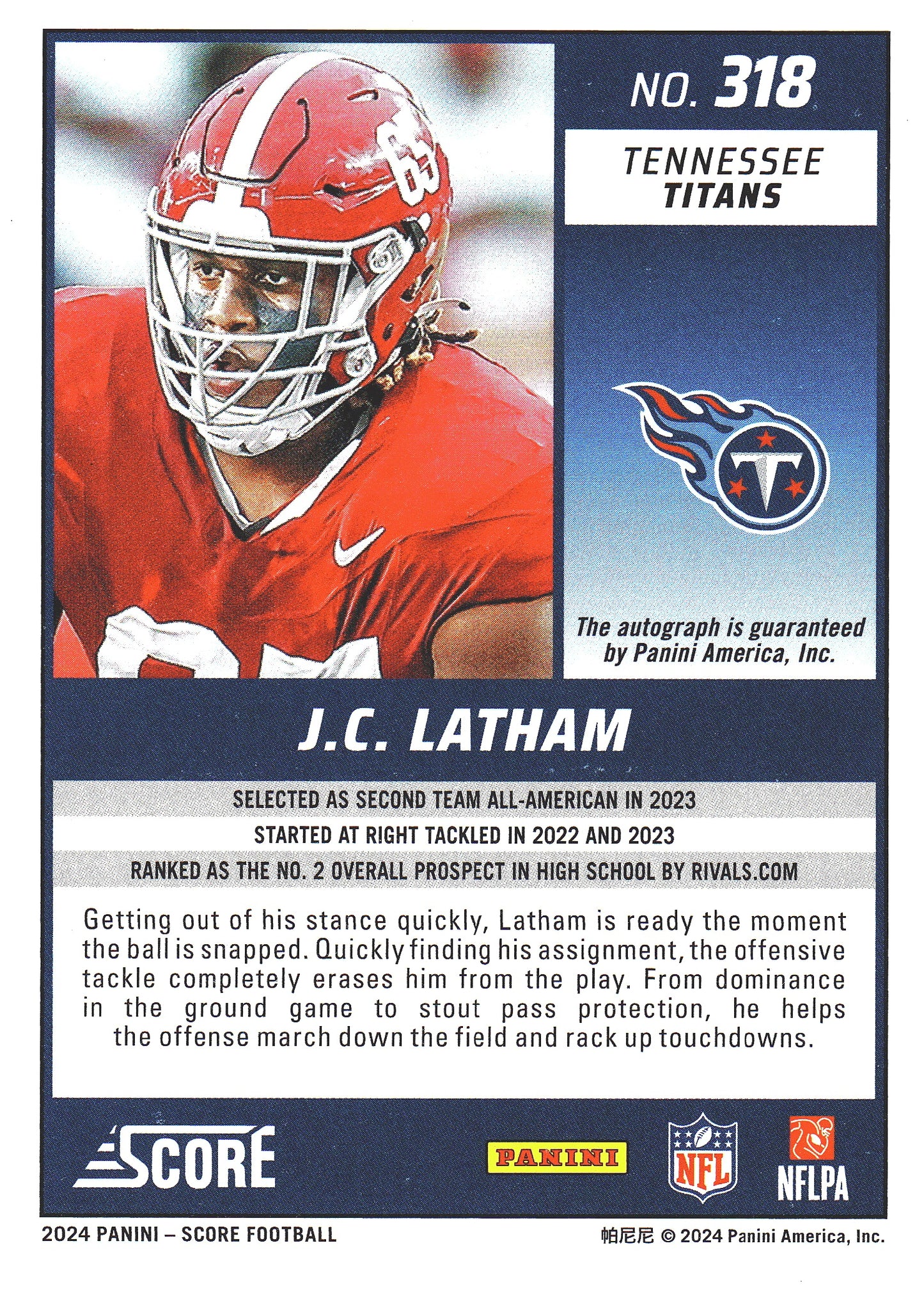 2024 Panini Score Autograph JC Latham RC #318 Tennessee Titans