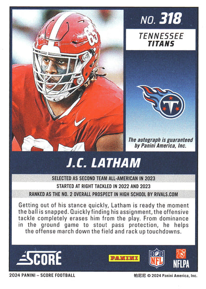 2024 Panini Score Autograph JC Latham RC #318 Tennessee Titans