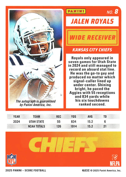 2025 Panini Score Autograph Jalen Royals RC #8 Kansas City Chiefs