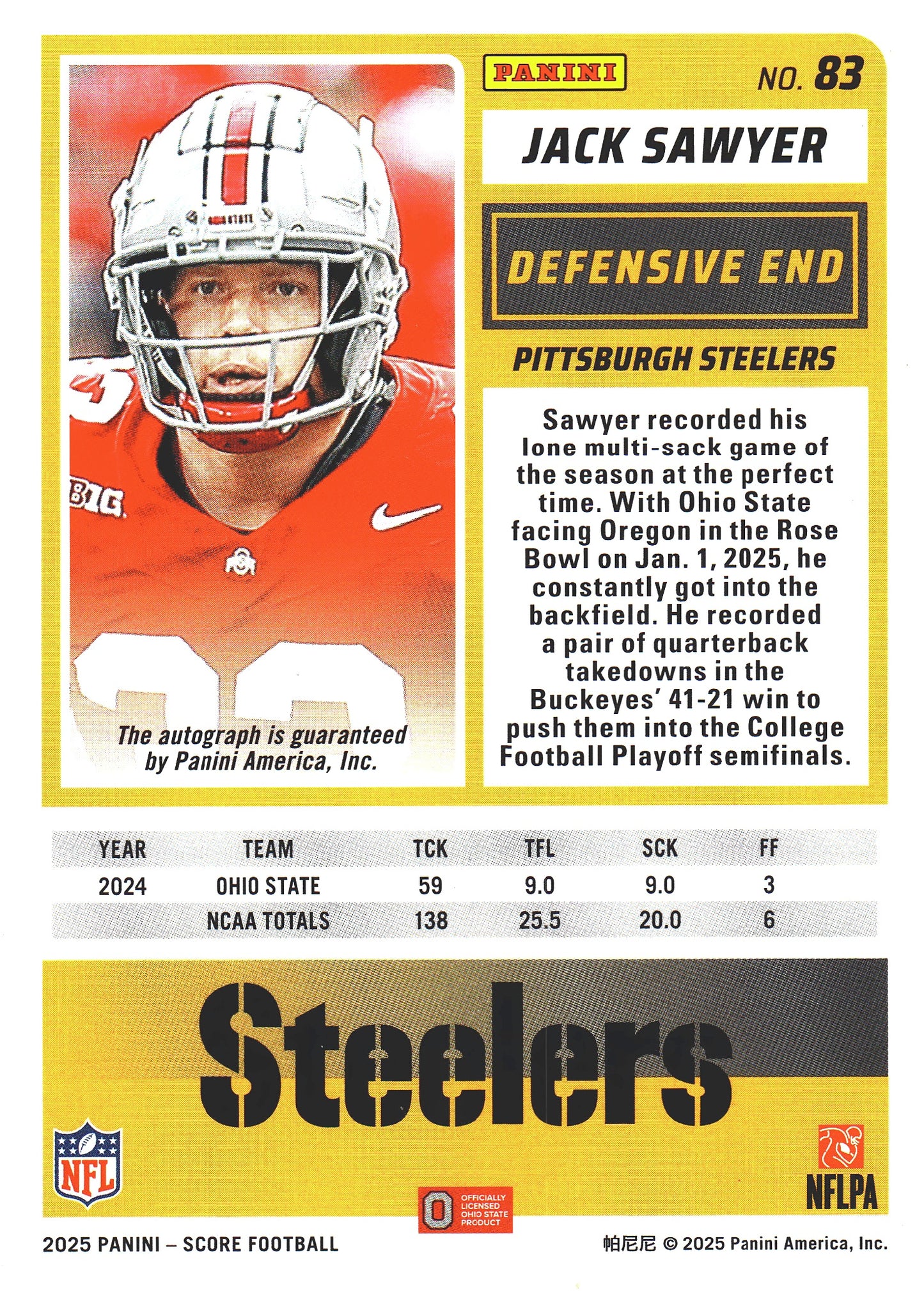 2025 Panini Score Autograph Jack Sawyer RC #83 Pittsburgh Steelers