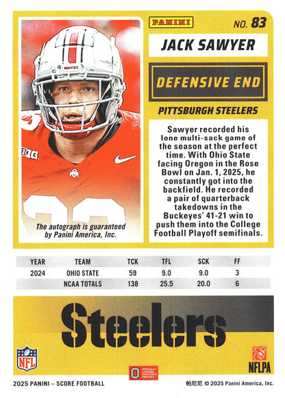 2025 Panini Score Autograph Jack Sawyer RC #83 Pittsburgh Steelers