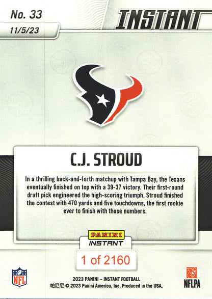 2023 Panini Instant CJ Stroud RC PR 2160 #33 Houston Texans