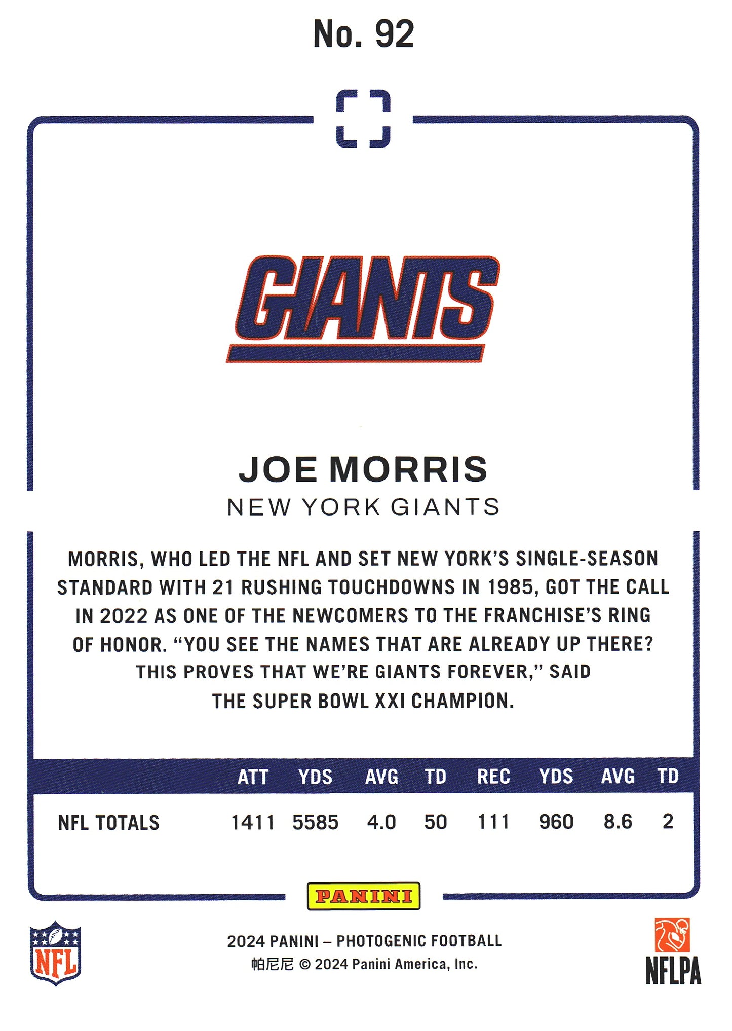 2024 Panini Photogenic Orange /25 Joe Morris #92 New York Giants