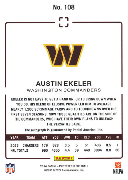 2024 Panini Photogenic Silver Autograph /49 Austin Ekeler #108 Washington Commanders
