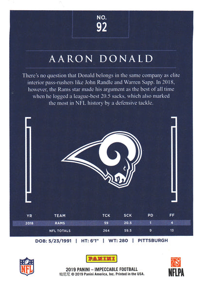 2019 Panini Impeccable Aaron Donald /75 #92 Los Angeles Rams