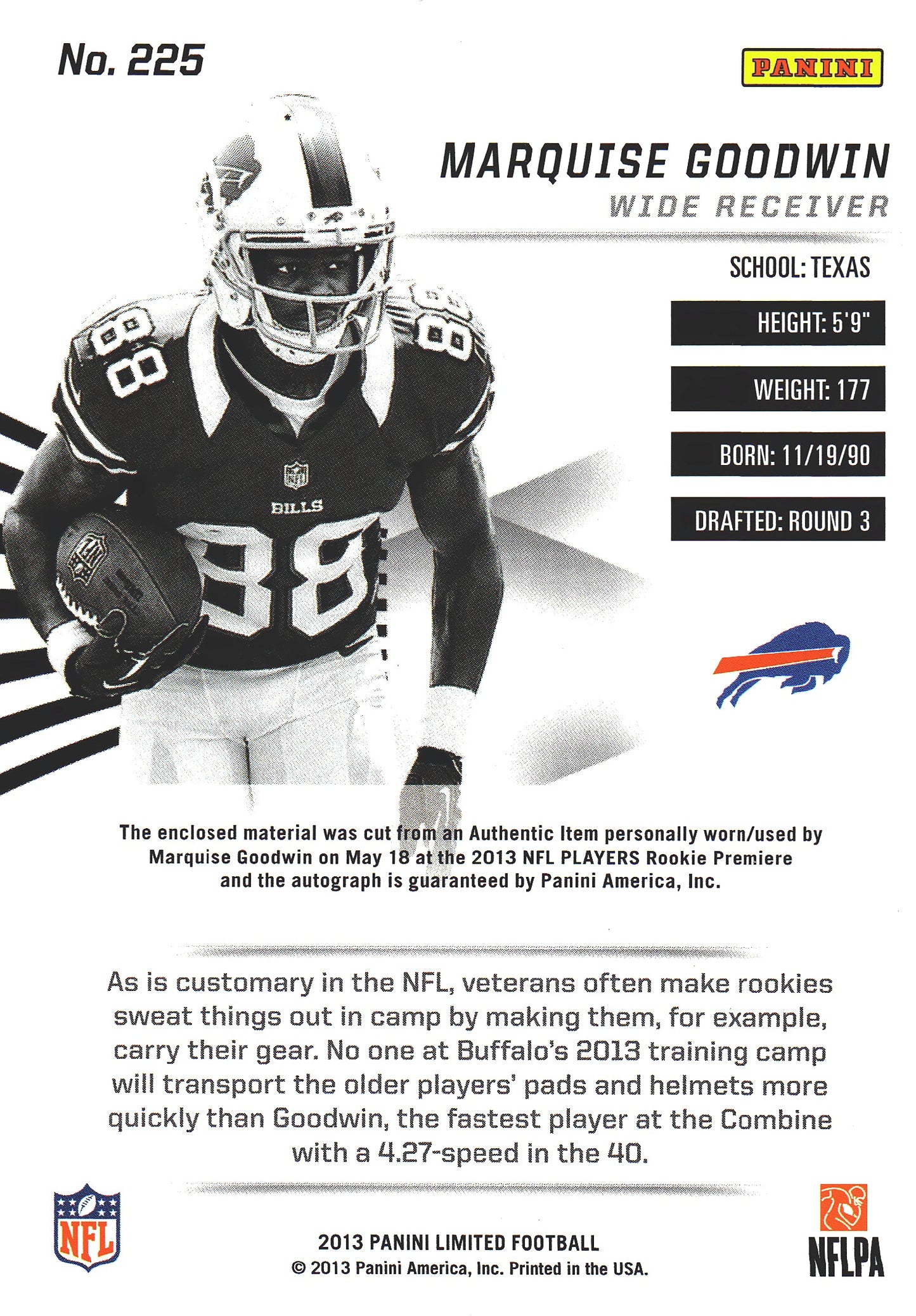 2013 Panini Limited RPA Patch Autograph RC /299 Marquise Goodwin #225 Buffalo Bills