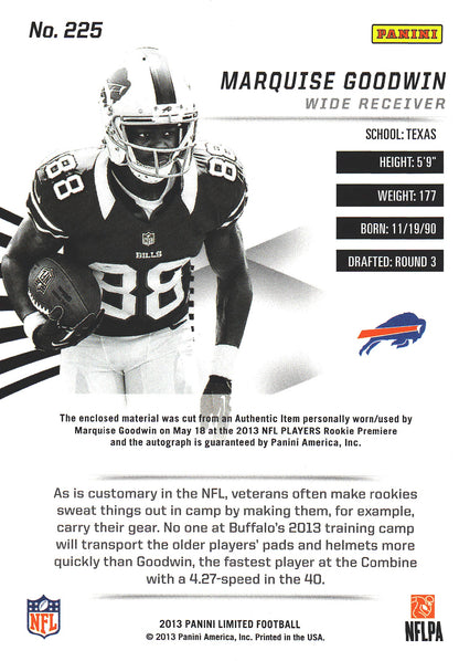 2013 Panini Limited RPA Patch Autograph RC /299 Marquise Goodwin #225 Buffalo Bills