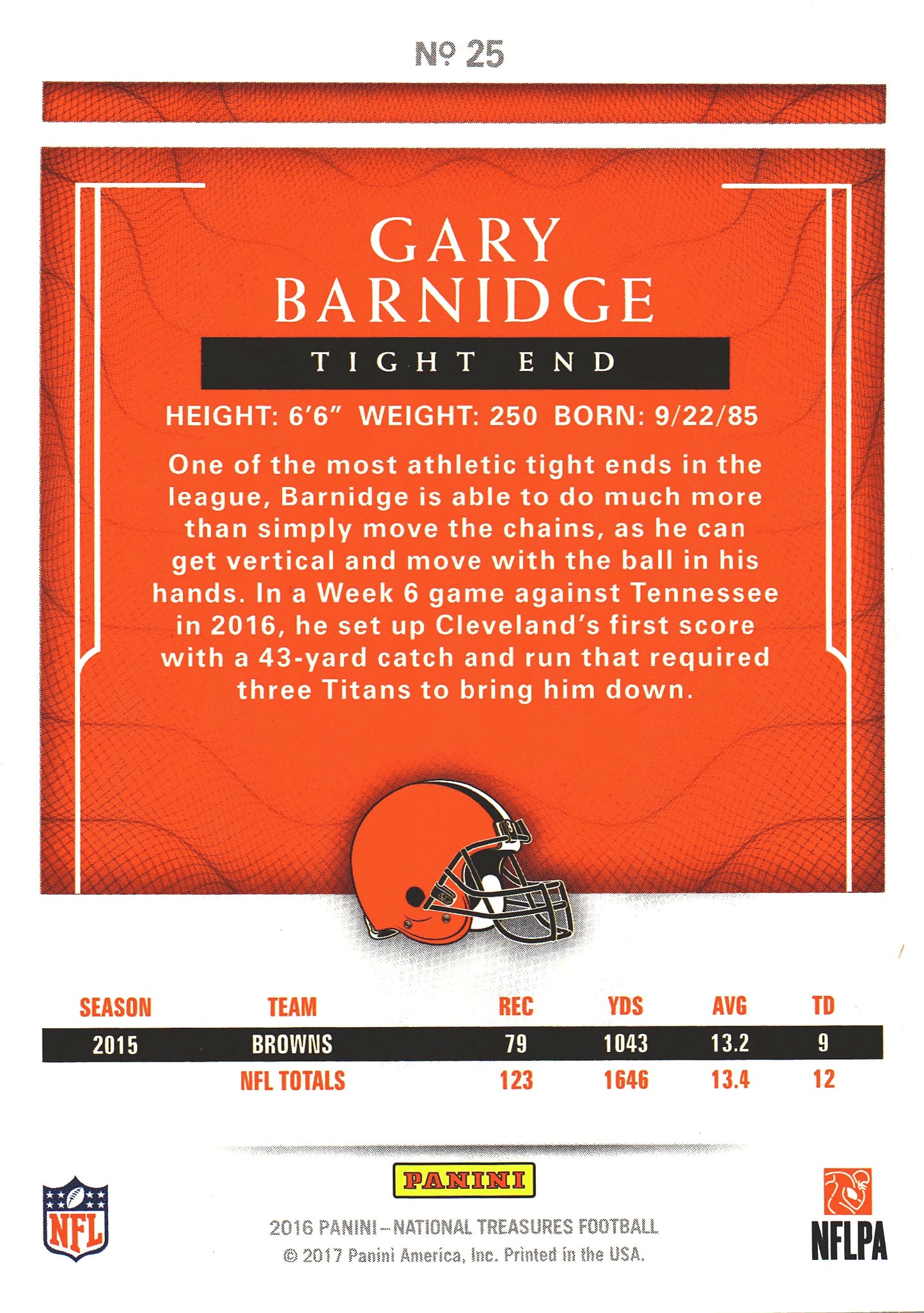 2016 Panini National Treasures Gary Barnidge /10 #25 Cleveland Browns